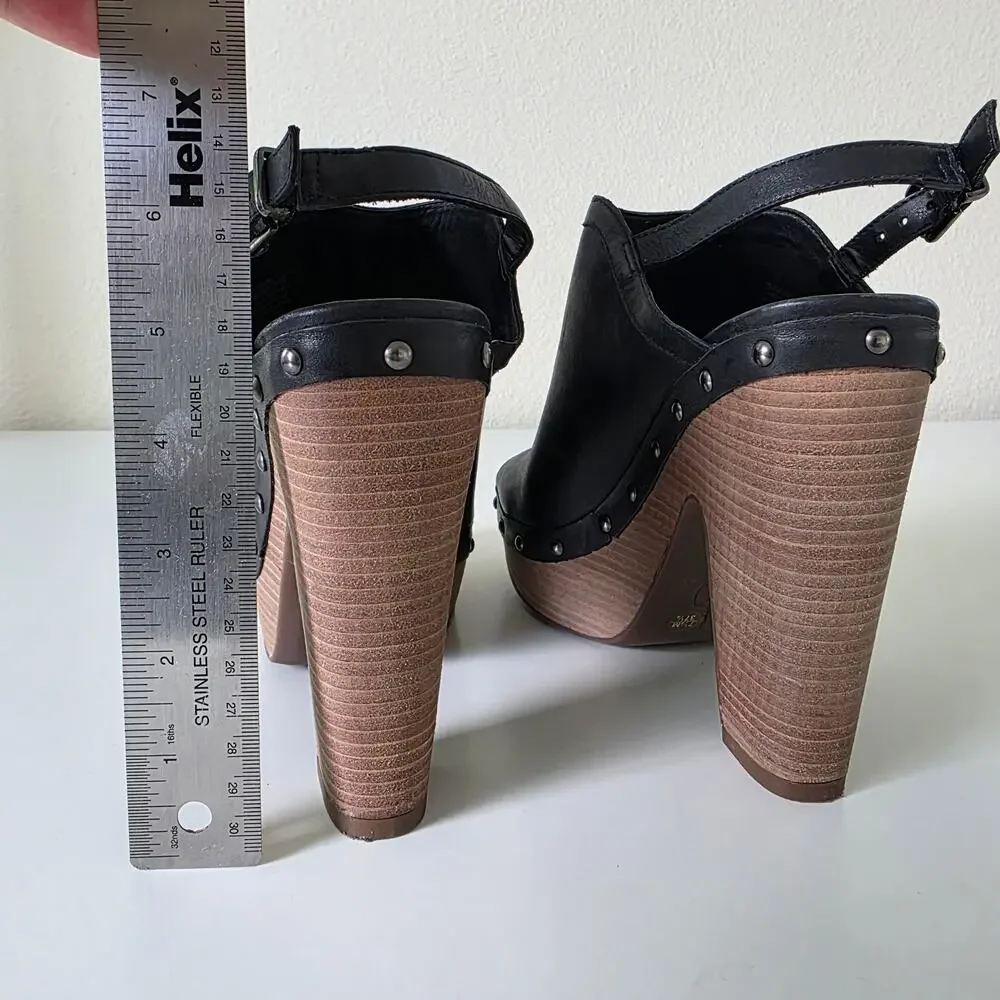 Jessica Simpson Black Leather Platform Heels Peep Toe Clog Sandals Women 7.5M